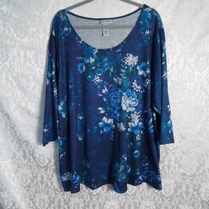 Catherines floral blue women's long sleeved beaded top 3X